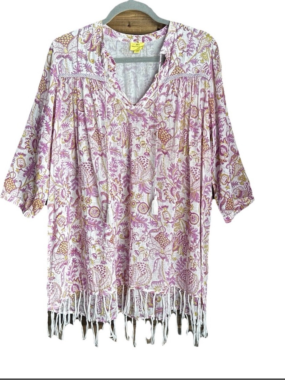 Roberta Roller Rabbit Cotton Paisley Floral Fringe Edge Tunic Top Pink XXS